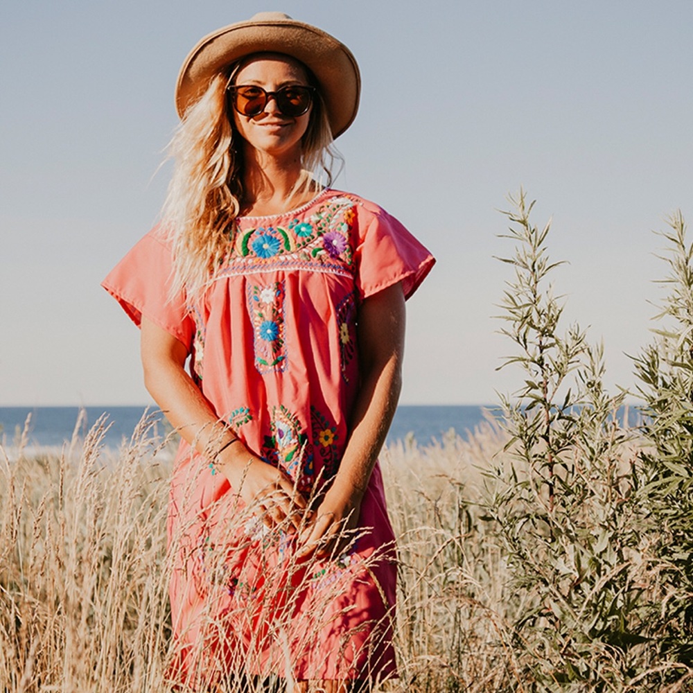 Embroidered Floral Mexican Dress ~ Pink